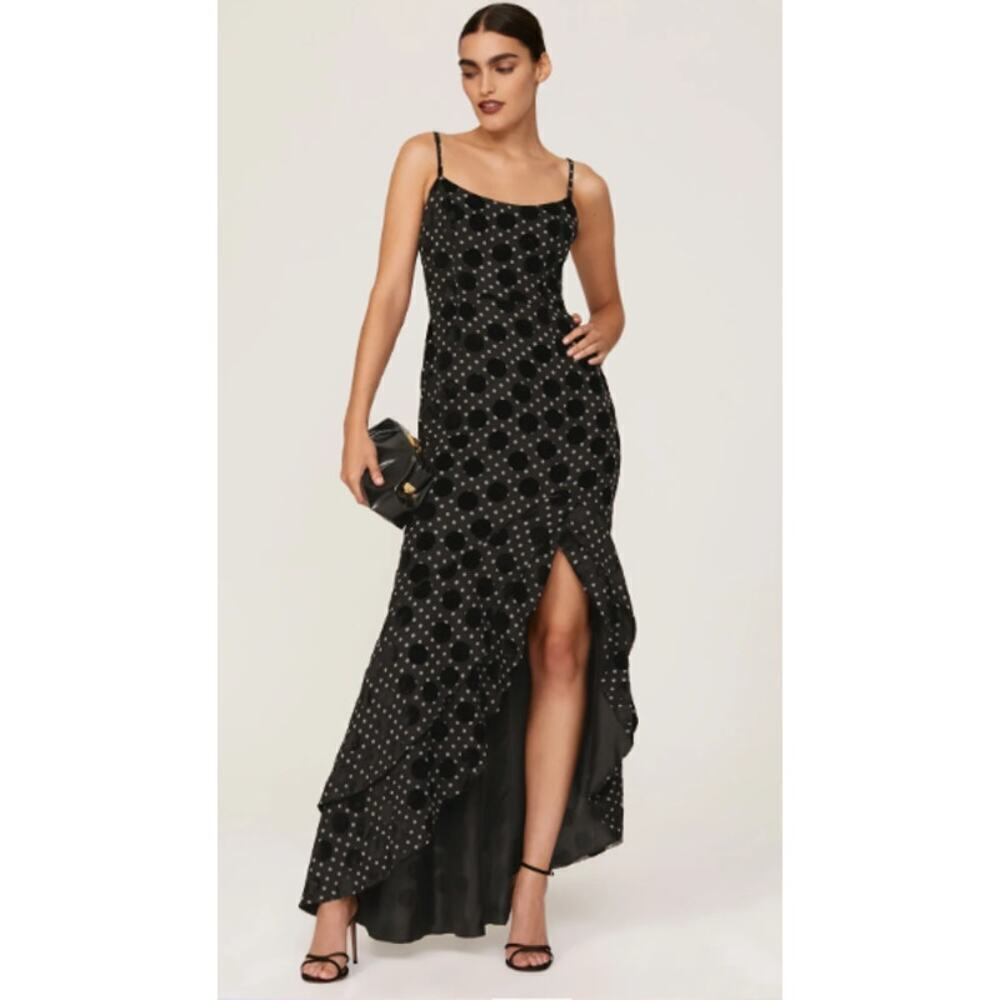 Hutch Size 4 Malia Polka Dot Gown Maxi Shift Dress Black Flounce Hem Sleeveless